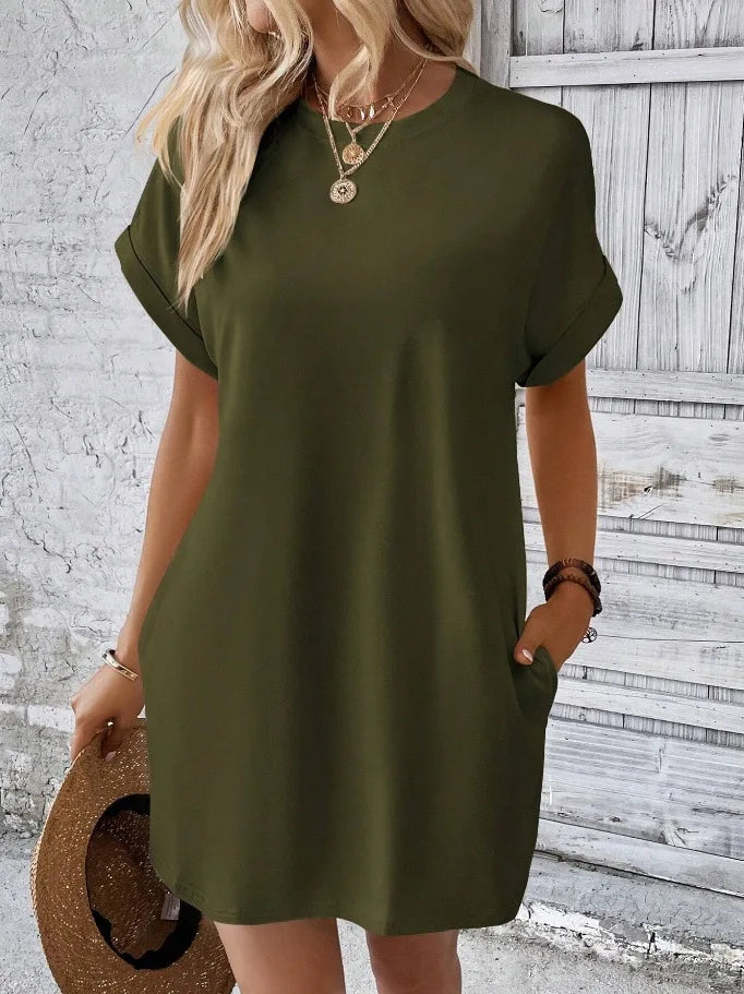 New women's spring and summer fashionable temperament casual commuting solid color round neck loose short sleeved pocket dress