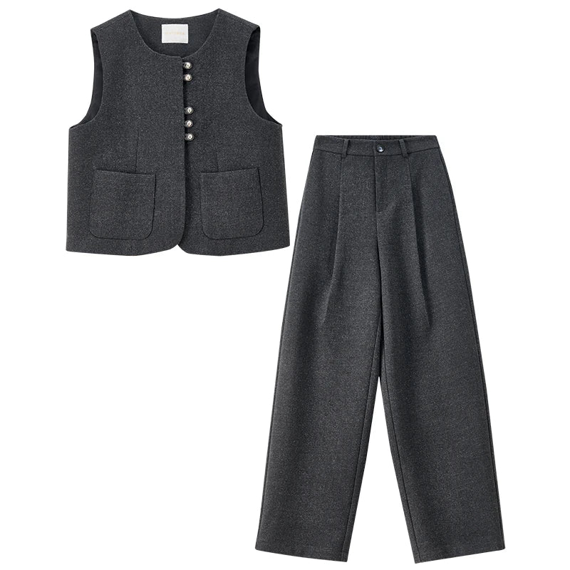 SENTUBILA Women's 2 Piece Pants Set 2026 New O Neck Waistcoat Straight Pant Winter Office Lady Wool Blend Female Suit 154ZA6093