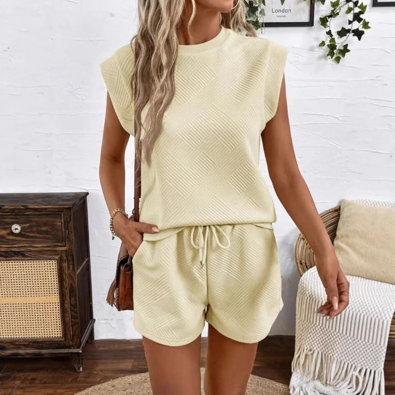 Women Shorts Pant Set Two Piece Sets Round Neck Solid Casual Loose Tops Short Pants Lace Up Elastic Waist Y2k Streetwear 2026