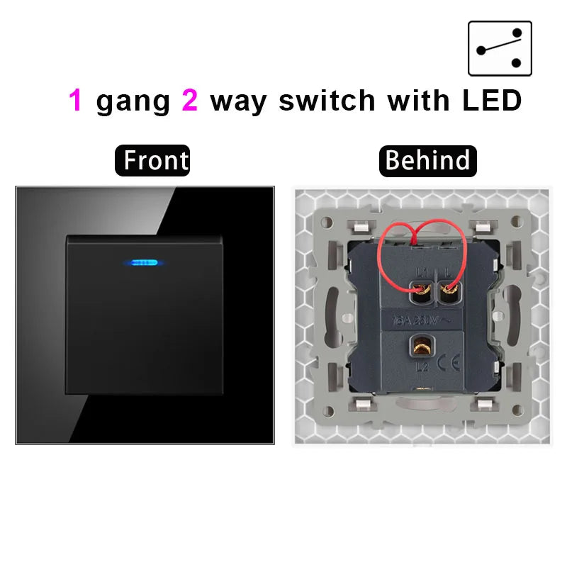 NYWP Luxury Crystal Tempered Glass Panel 1 Gang 2 Way Light Switch On / Off Wall Switch With LED Indicator 16A AC 250V