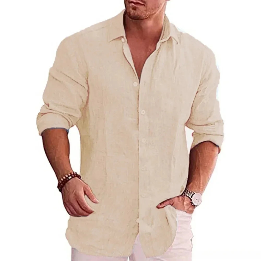 New men's cotton linen autumn hot long-sleeved shirt solid colour versatile casual resort style men's shirt tops