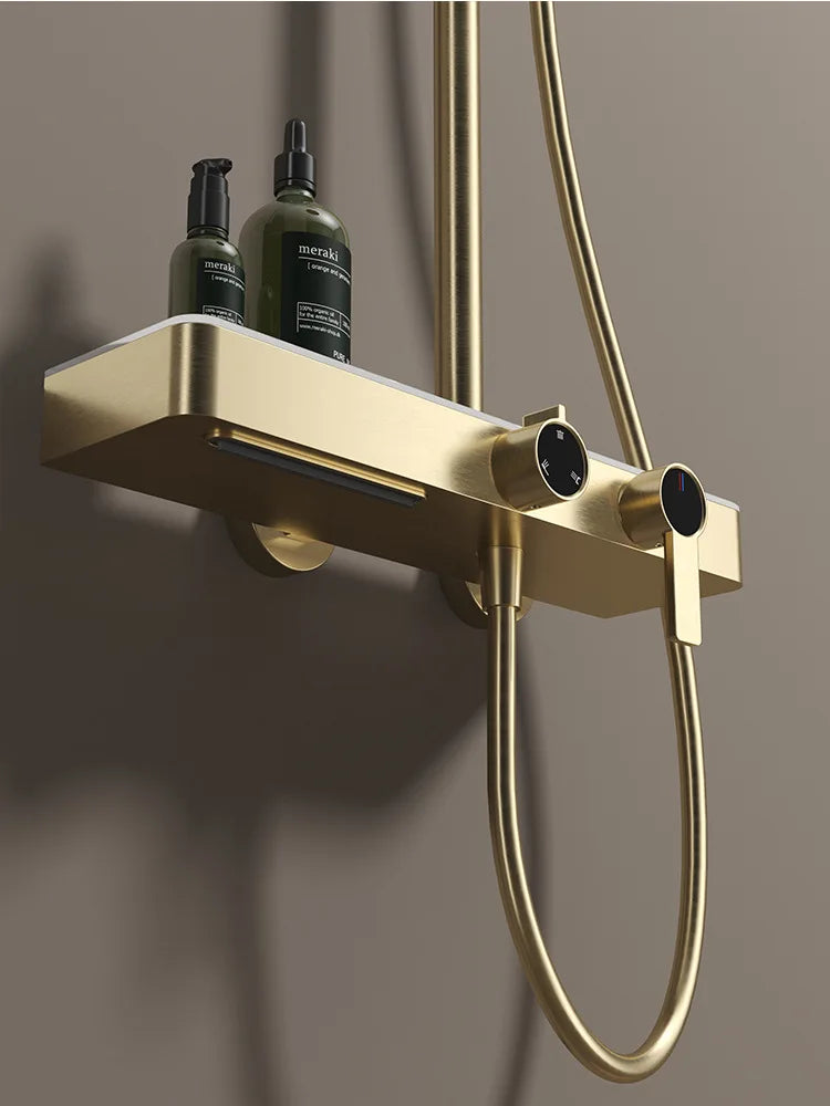 White Bathroom Shower System Set SDSN 12 Inch Round Rainfall Shower Head Brass Bathroom Faucet Hot Cold Gold Bathroom Shower Set