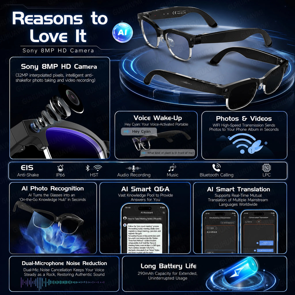 2026 New 8MP 4K HD Smart Glasses Video Photo AI Translation Bluetooth Call Music playback Waterproof Business Sports Sunglasses
