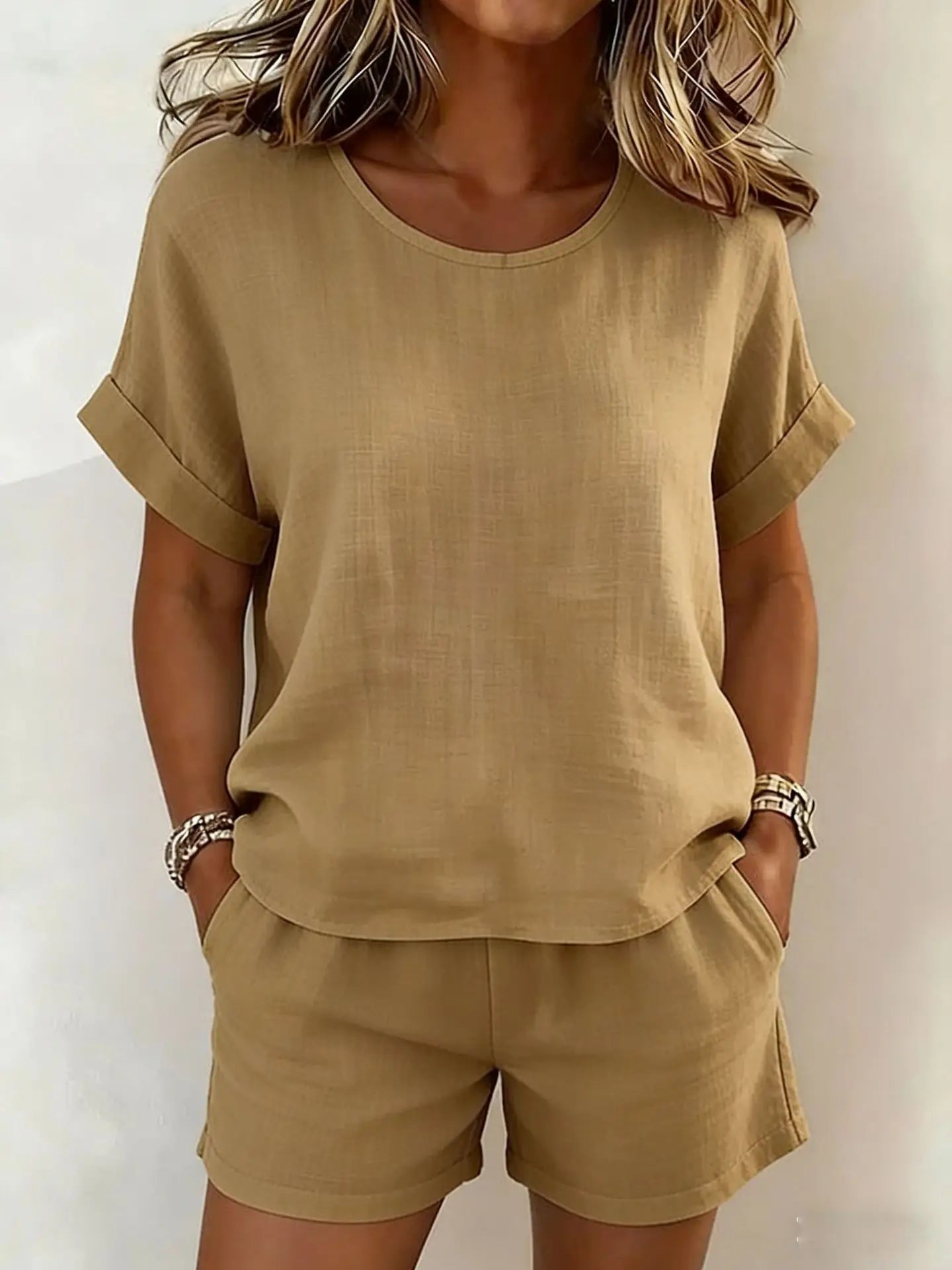 2026 Summer New Women's Solid Color Casual Crew Neck Short Sleeve Top & Shorts 2-Piece Outfit Set