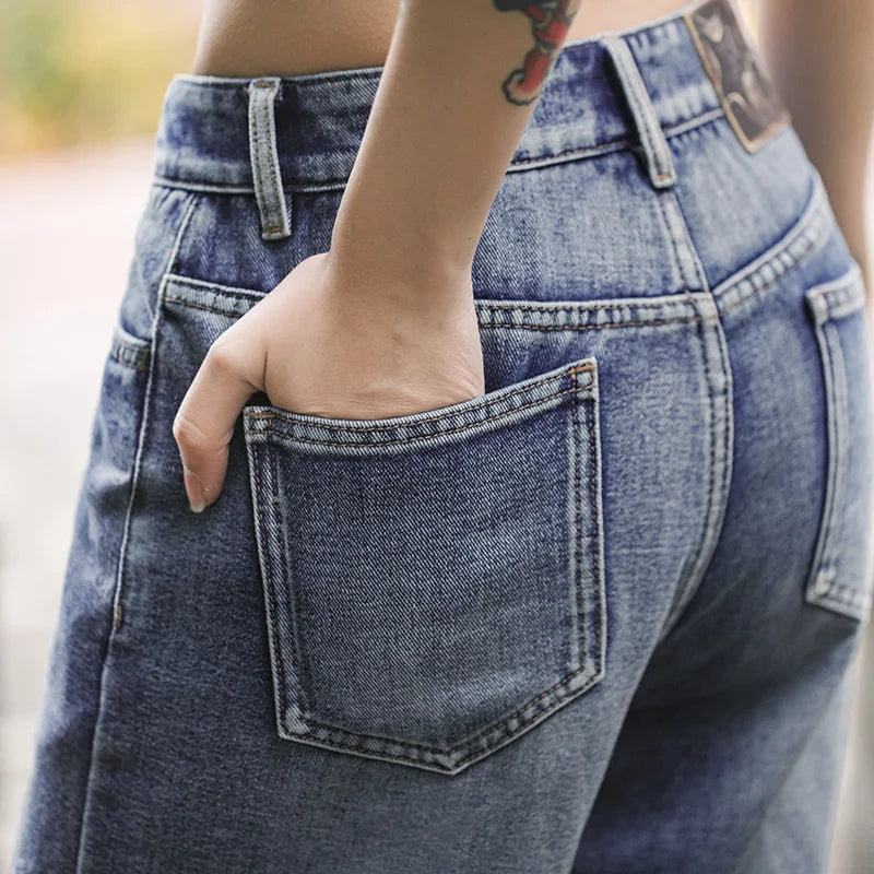 Maden Women's Vintage Low Waist Denim Jeans Heavyweight Washed Casual Long Pants with YKK Zipper for Spring and Autumn