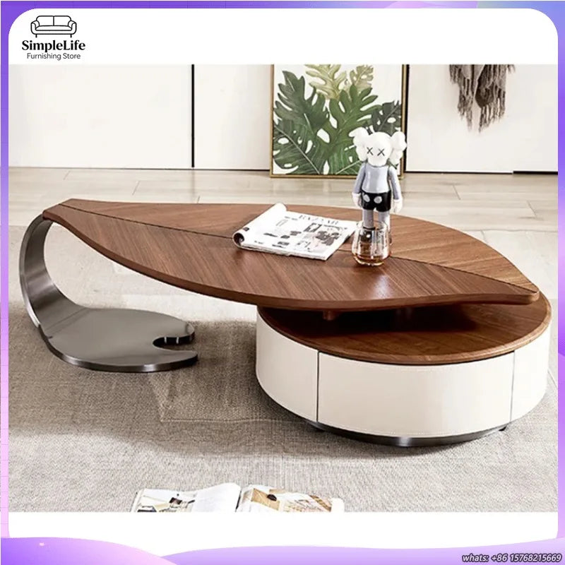 Modern Walnut Wood Coffee Table for Living Room Multifunctional Side Table Unique Leaf Shape Solid Wood Design Luxury