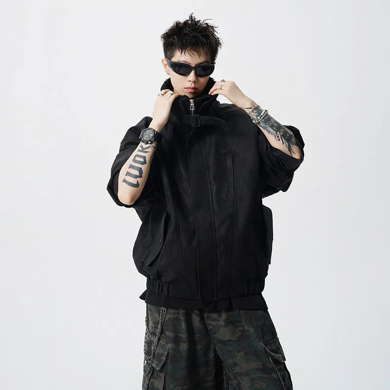 WTHT Fashion Men‘s Plush Spliced Thicken Design Loose Coats Trendy 2025 Autumn Solid Color Laple Casual Jackets Male 2A2218