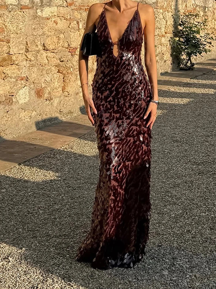 Women Sequin Sling Maxi Dress V-neck Solid Backless High Waist Sleeveless Dresses 2025 Fashion New Summer Lady Party Robes