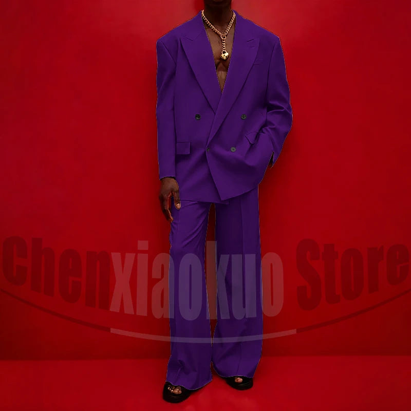 Men's Double Breasted Suit Set Oversized Blazer and Wide-Leg Trousers Fashion Casual Formal Outfits for Streetwear Party
