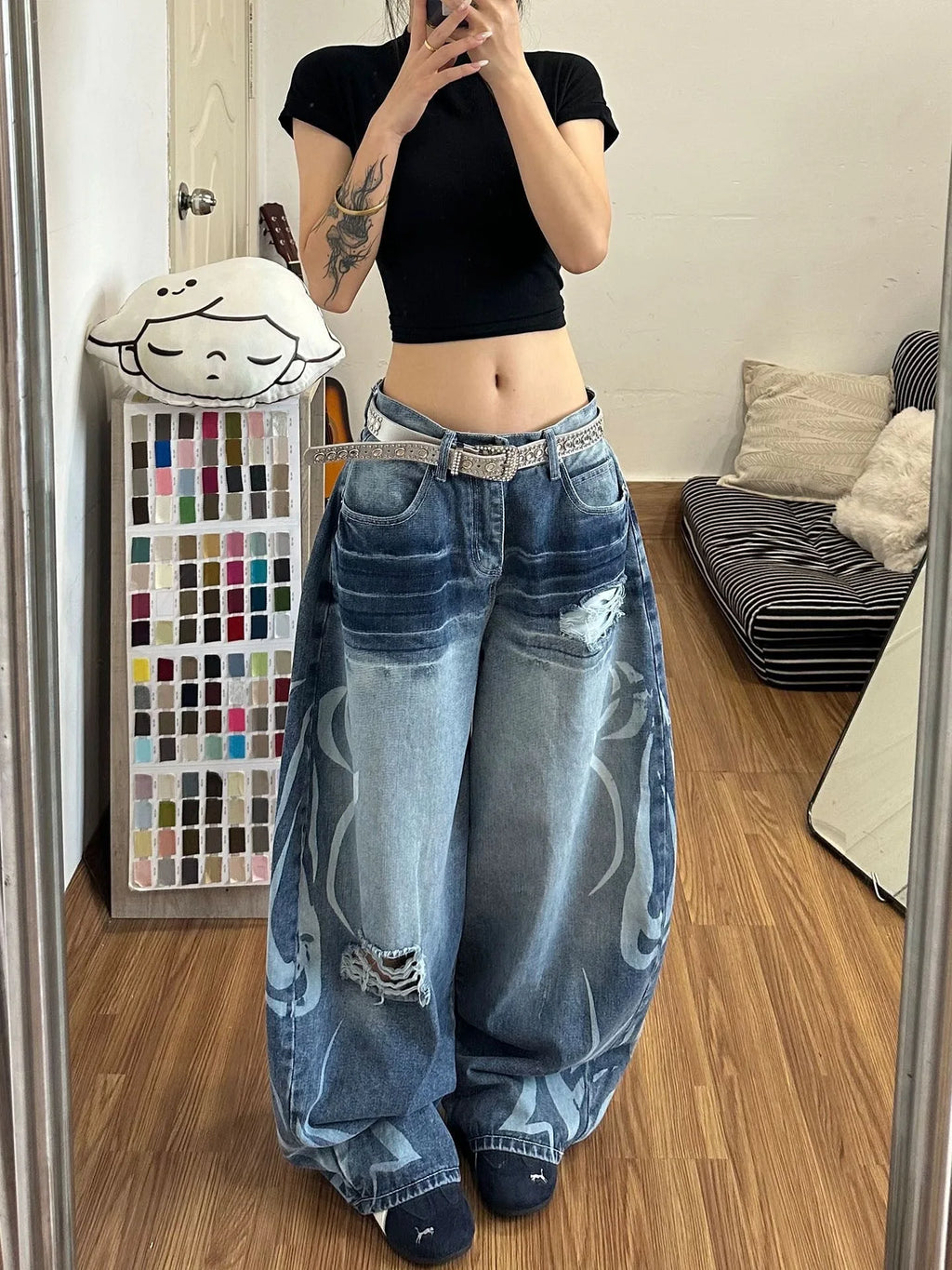 Mottled Totem Print Loose Jeans for Women Harajuku Trendy Hip-Hop Jeans Y2K American Retro High-Waist Wide-Leg Jeans for Women