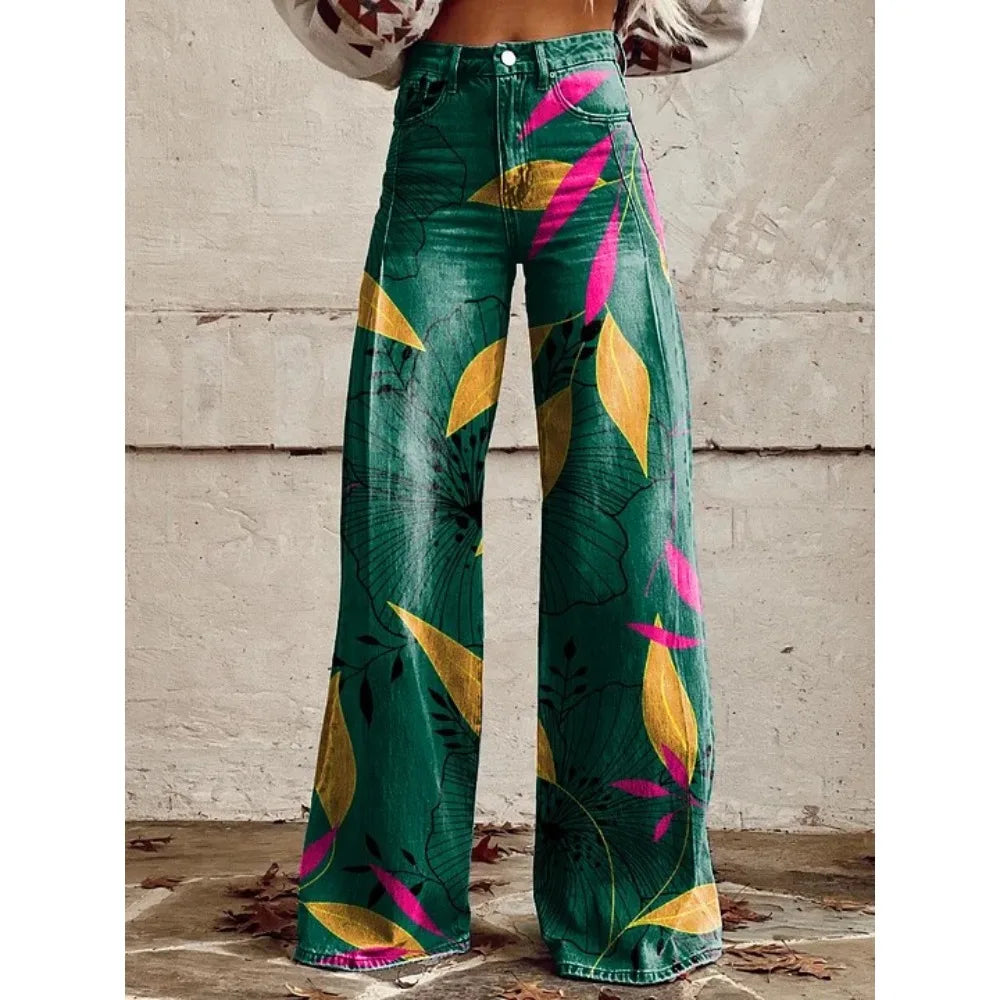 Pink Green Aztec Geometric Print High Waist Wide Leg Pants Cotton Casual Boho Trousers Vintage Women's Western Casual Trousers