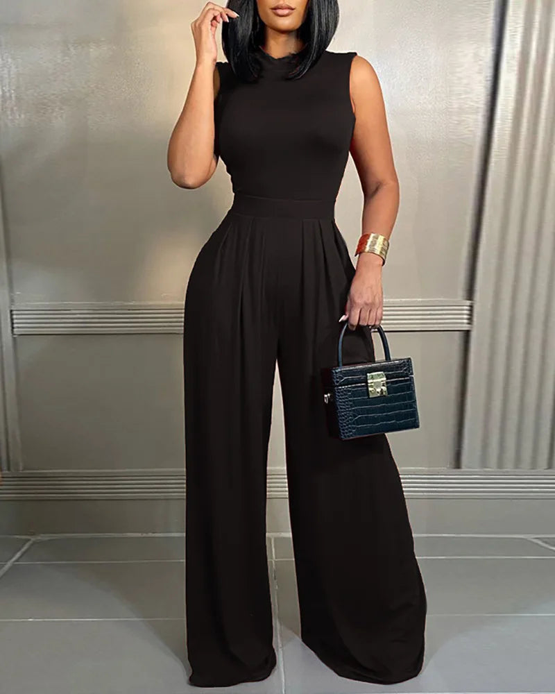 New 2023 Summer Casual Slim Fit  Pants Sleeveless Long Pants Women's High Waist Wide Leg Jumpsuit Comfortable Print
