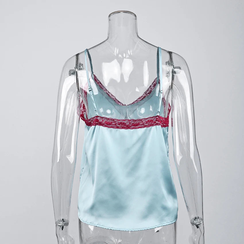 Linad Sexy Lace Backless Camisole Women Summer Casual Spaghetti Strap Tops Female 2025 Fashion Patchwork Crop Top Silk Vest