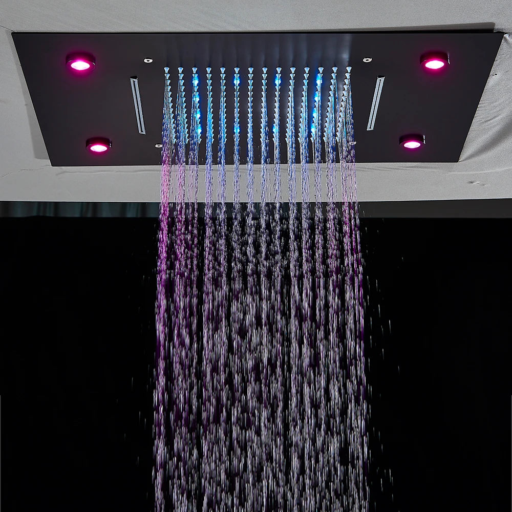 Digital Display Thermostatic Rain Shower System Set 14 X 20 Inch Waterfall Rainfall LED Ceiling Shower Head with HandShower