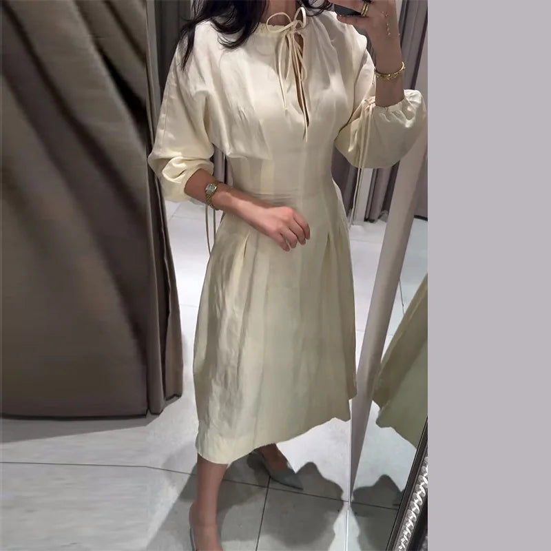 Casual Cotton Midi Dress Women O Neck Lace Up Lantern Sleeves Slim Waist A Line Robe Female 2026 Summer New Chic Solid Dresses
