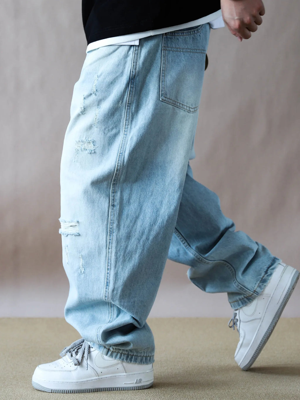 Mens Jeans American Vintage Light Blue Washed Distressed Ripped Patch Baggy Loose Curved Tapered Denim Pants Streetwear Hip Hop