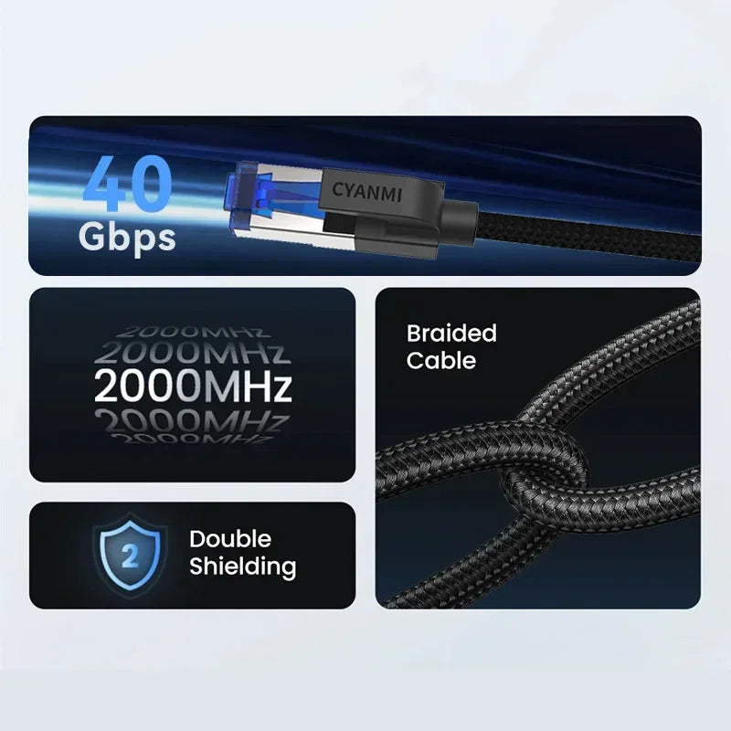 CYANMI Cat 8 Ethernet Cable 2000MHz 40Gbps High-Speed Nylon Braided RJ45 Network LAN Patch Cord for Indoor And Outdoor Use