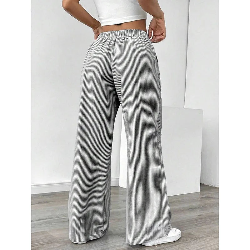 American Style Retro Vertical Stripe Drawstring Wide Leg Pants High Waist Dipping Loose Straight Casual Pants
