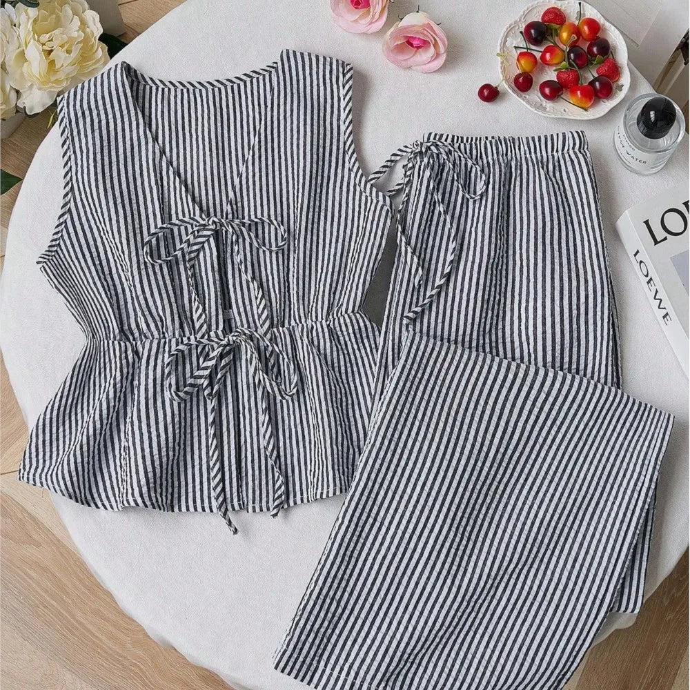 Striped New Two Piece Set Summer V Neck Lace Up Sleeveless Blouse High Waist Wide Leg Pants Sets  Casual Solid Women Sets