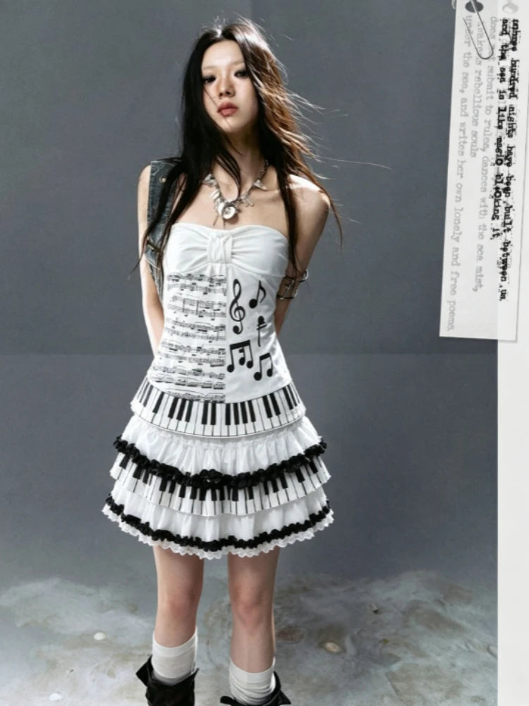 Retro Subculture Two Piece Suit Girls Cute Big Star Swirl Print Cami Top Glitter Tier Mini Skirt Japanese Sweet Summer Outfit