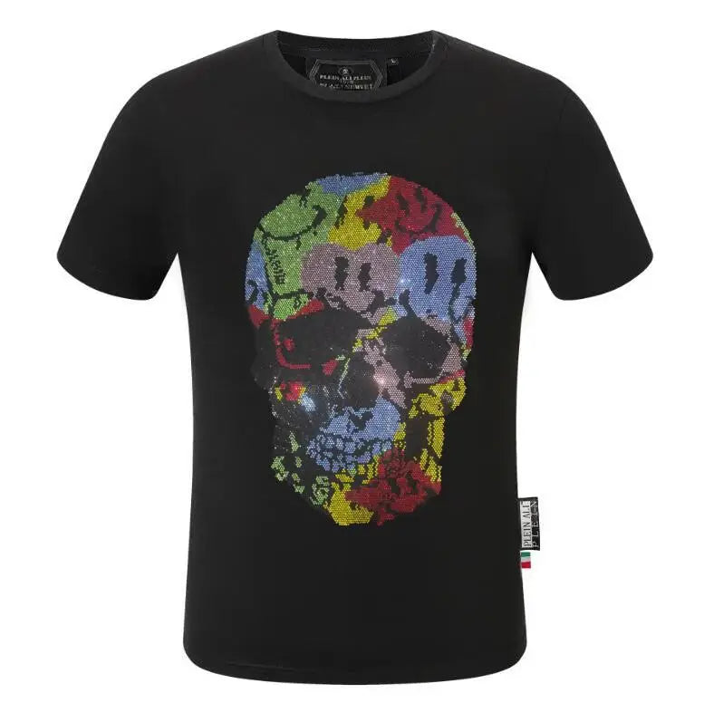 2025 Summer New Luxury Men's Fashion Skull Design Rhinestones T-Shirt Pure Cotton Crew-Neck Casual High Quality