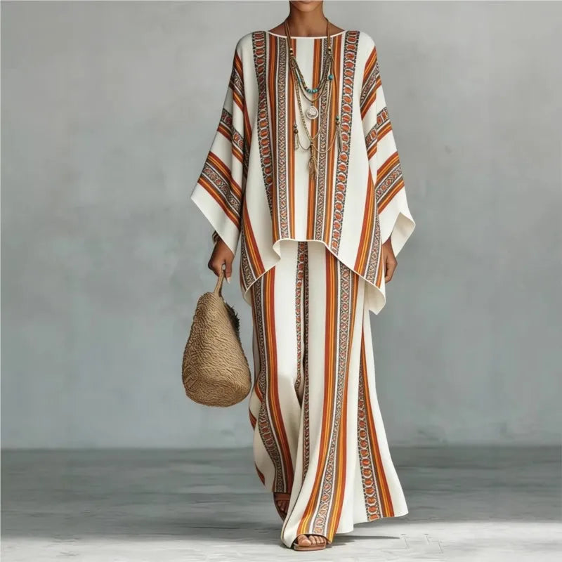 Bohemian Foreign Style Printed Women's Two-piece Set Spring Fashion O-neck Loose Top+wide Leg Pants Suit Ladies Office Outfit