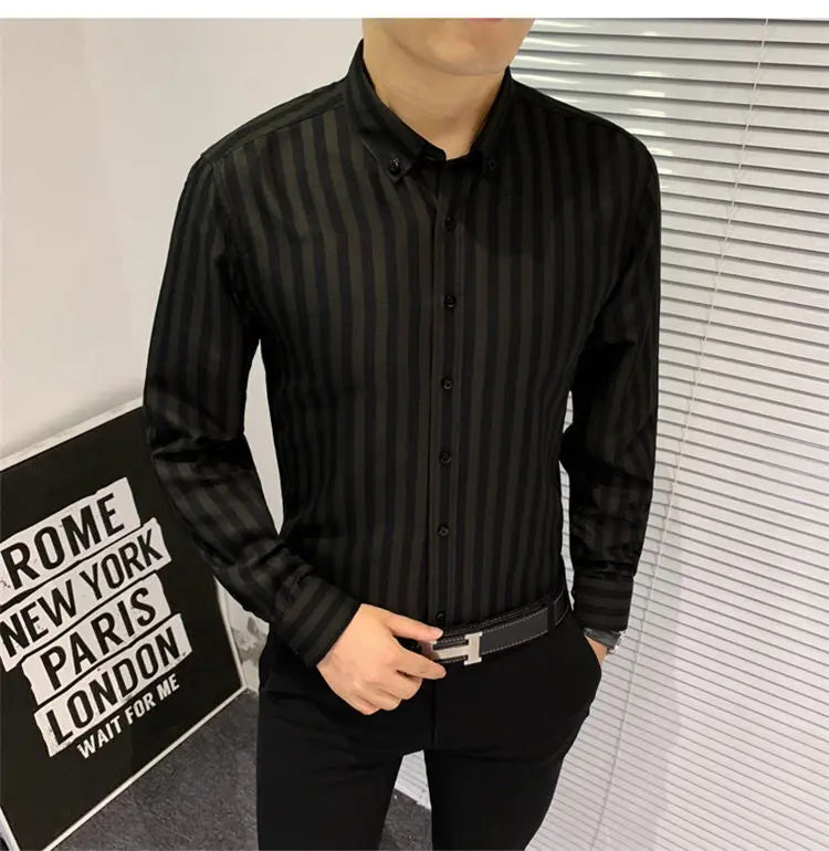 2024 Spring and Autumn Fashion Trend Casual Business Minimalist Buckle Neck Stripe Print Slim Fit Oversize Long Sleeved Shirt
