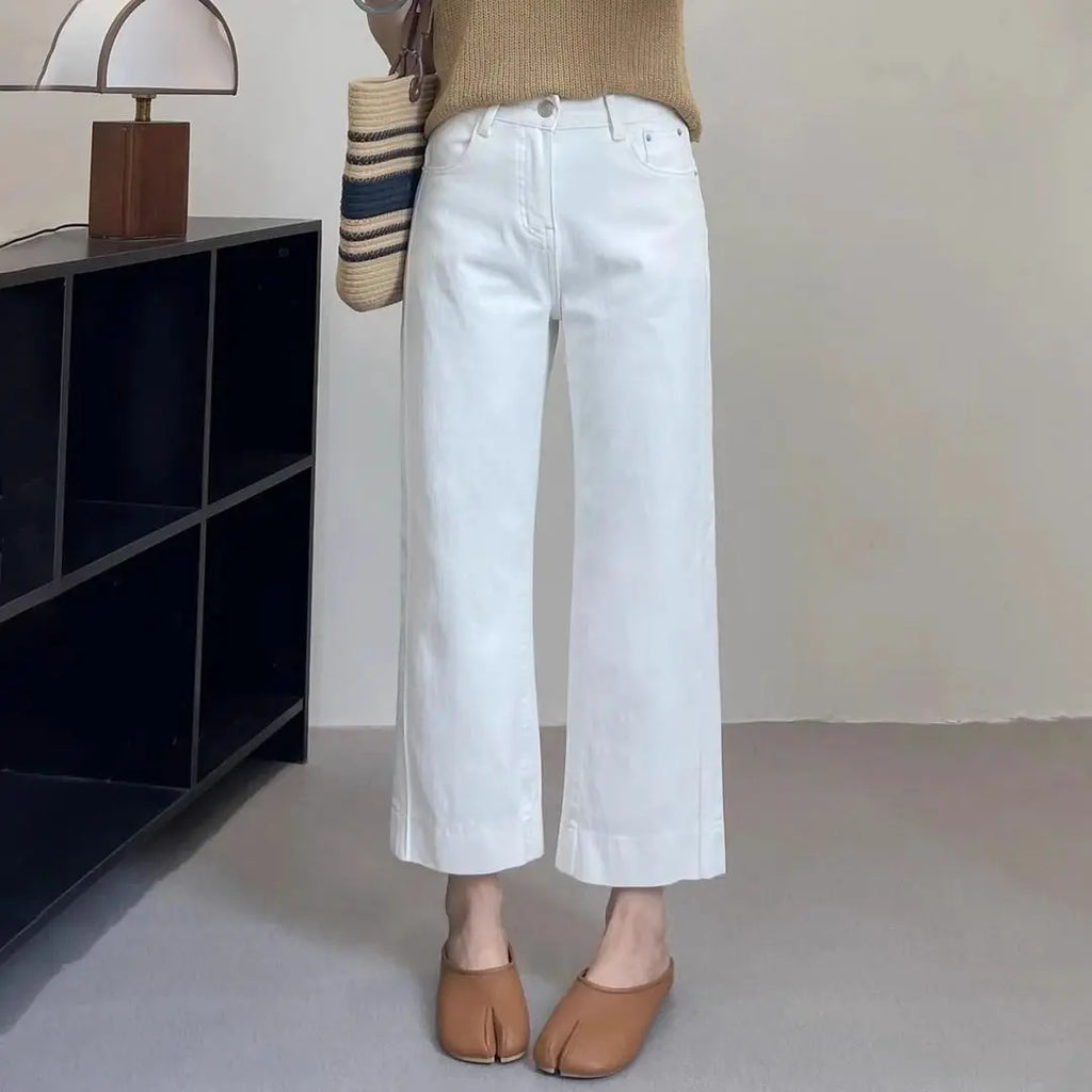 Retro Fashion Solid Color Holiday Denim Straight Pants Women's Summer Large Size High Waist Thin Wide Leg Nine-point Pants