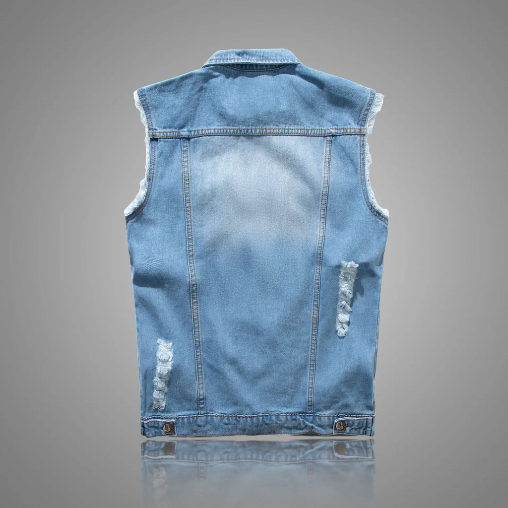 New Fashion Men Ripped Denim Waistcoats Sleeveless Jackets Light Blue Holes Denim Vests Male Cotton Slim Jeans Waistcoats 6XL