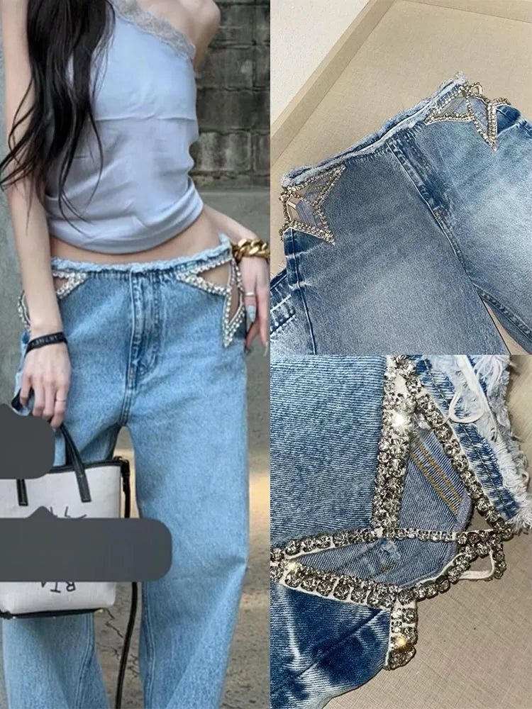 Y2k Two Hollow Out Star Ripped Jeans Women Casual 2026 Hot Sell Denim Pants American Streetwear Wide Leg High Waist Baggy Jeans