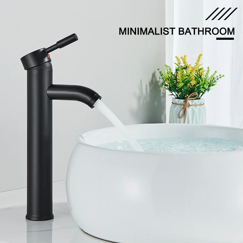 Matte Black Bathroom Faucet Minimalist Hot Cold Water Sink Mixer Tap Deck Mount Stainless Steel Basin Faucet Single Hole Tapware
