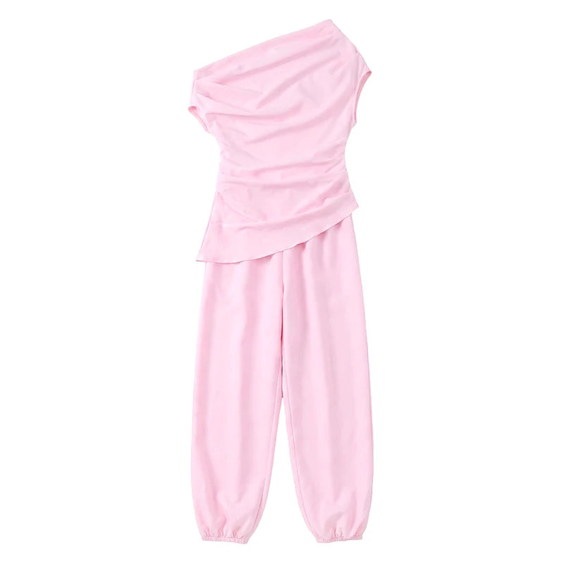 Solid One Shoulder Top Lantern Pants Set Women Chic Cotton Linen T-shirt Wide-leg Pants Suit Elegant Lady Summer Daily Outfits