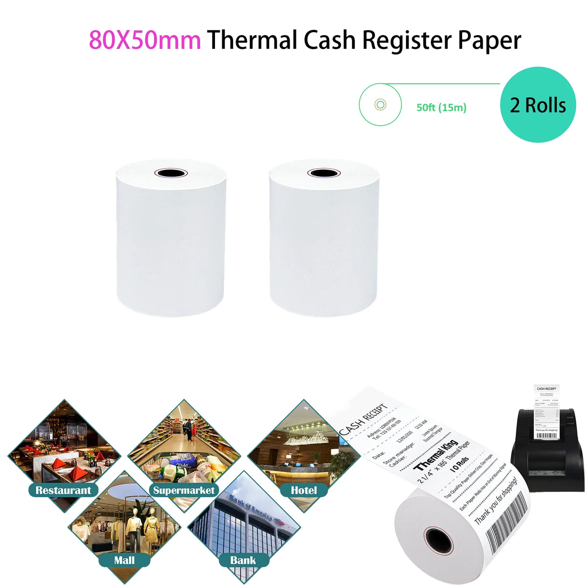 3 1/8 x 50 Thermal Paper (80mm x 50m) for Square POS System, Register Thermal Receipt Paper Rolls for TM-T88III,TM-T88IV,TM-T88V