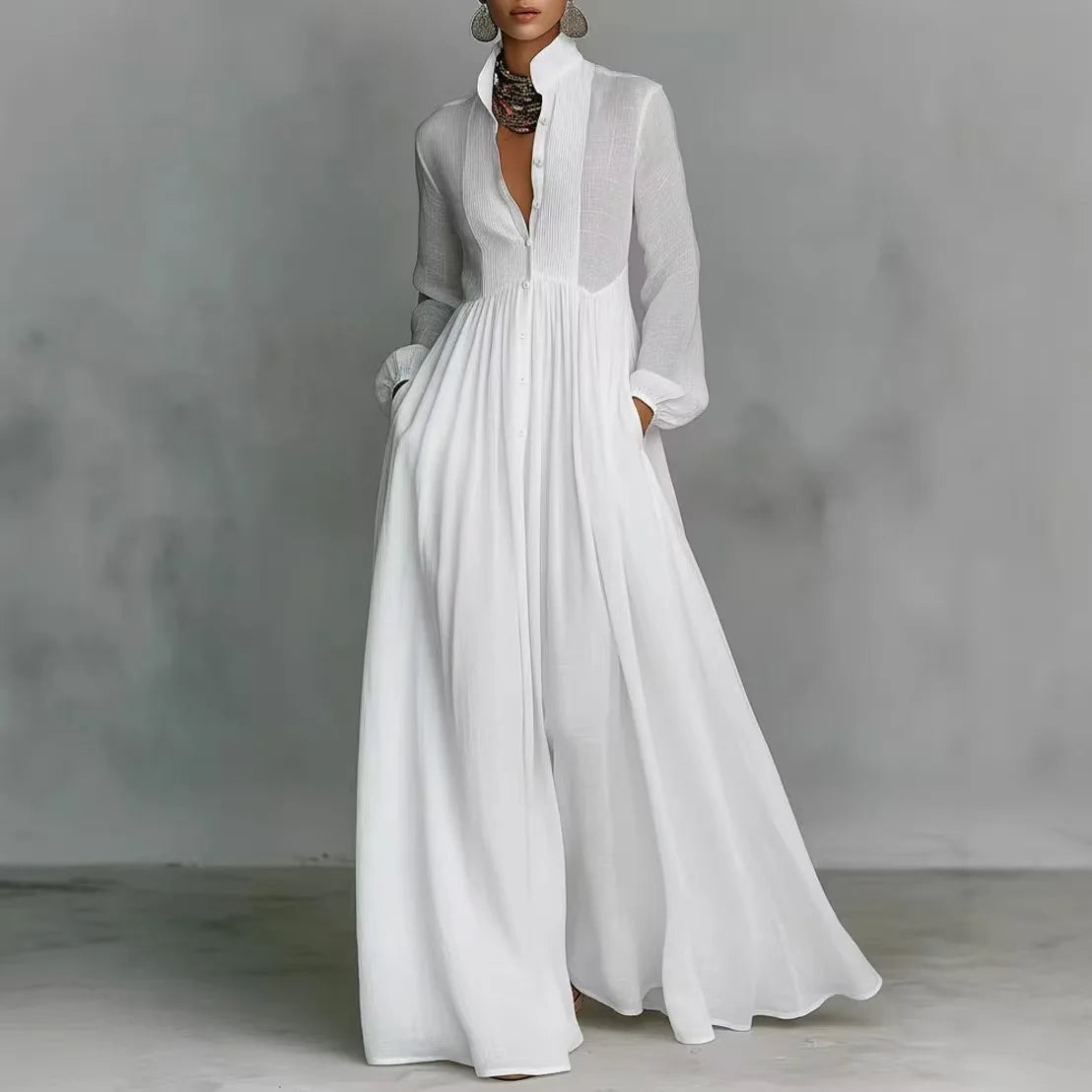 Elegant High Waist Swing Long Dress Woman Spring Solid Pockets Pleated Maxi Dress Spring Autumn Long Sleeve Button Evening Dress