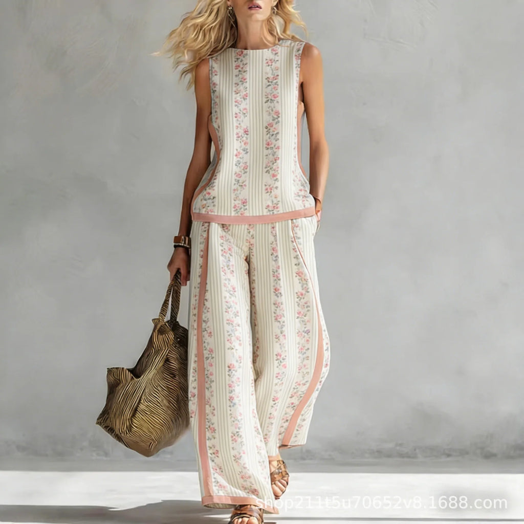 Fashion Retro Printed Sleeveless Tops Trousers 2-piece Set Women's Summer Casual Vest Loose Wide Leg Trousers Female Suit Pocket