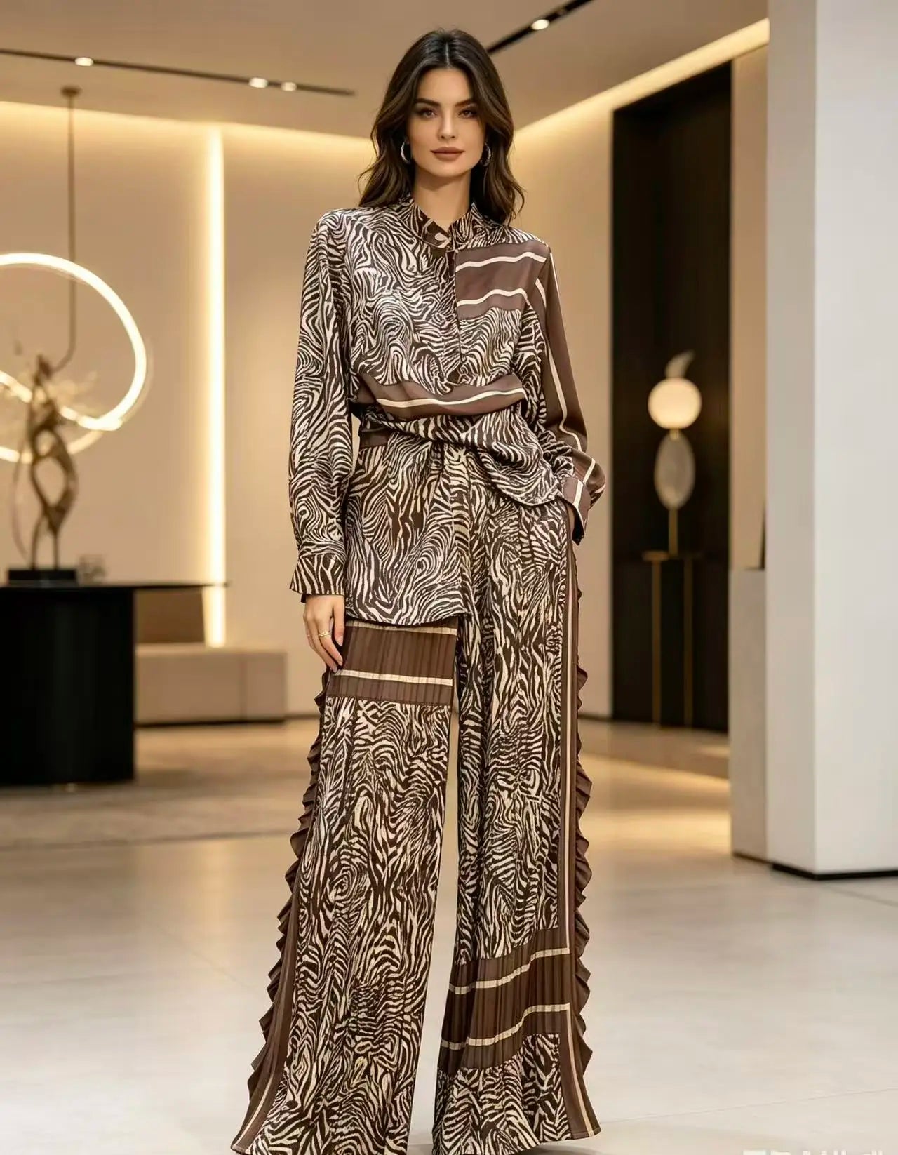 Summer Retro Print For Women Suit Chic and Elegant Outifits Top+High Waist Wide Leg Pleated Long Pants 2 Piece Set 2026