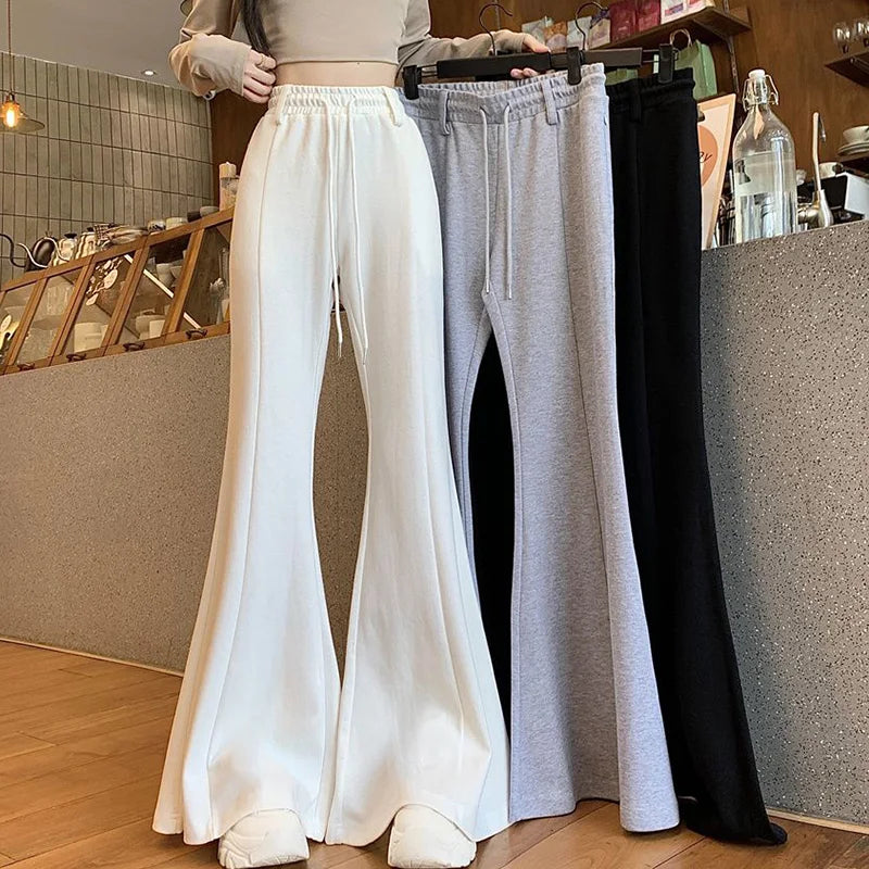 Girls Designer High Waist Flared Pants Lady Korean Slim Fit Casual Trousers Women Chic Drawstring Straight Leg Pants