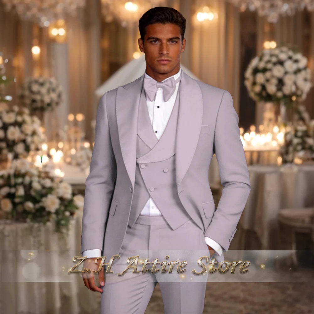 Elegant Pink Men's 3pcs Suit Spliced Satin Lapel Jacket Vest Pants Custom-Made Set for Wedding Groom Cocktail Birthday Party
