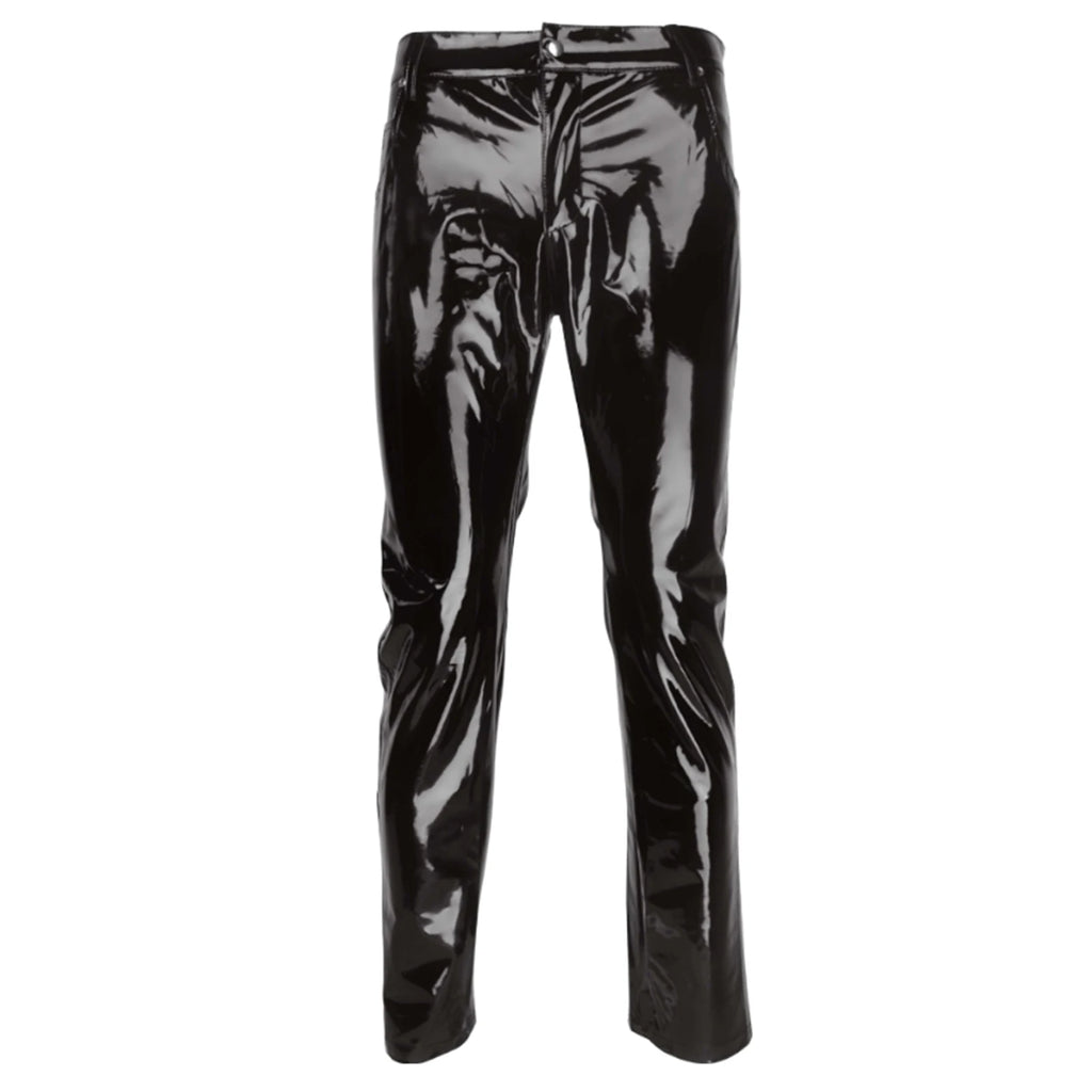 Men Latex Leather Pants Low Waist Faux Leather Shiny Pants Fashion Tight Trousers for Club Stage Show Rock Band Performance