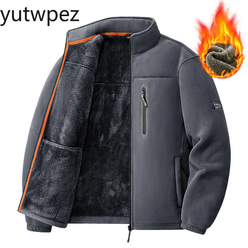 Winter Warm Fleece Jacket Men Climbing Double Thickened Pocket Jacket Outdoor High Collar Windproof Ski Sweatshirt Coat Man Snow