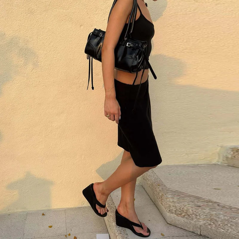 Hugcitar Casual 2 Piece Sets Solid Slips Backless Sexy Crop Camis Top Midi Skirt Women Summer Outfits Party Holiday Club