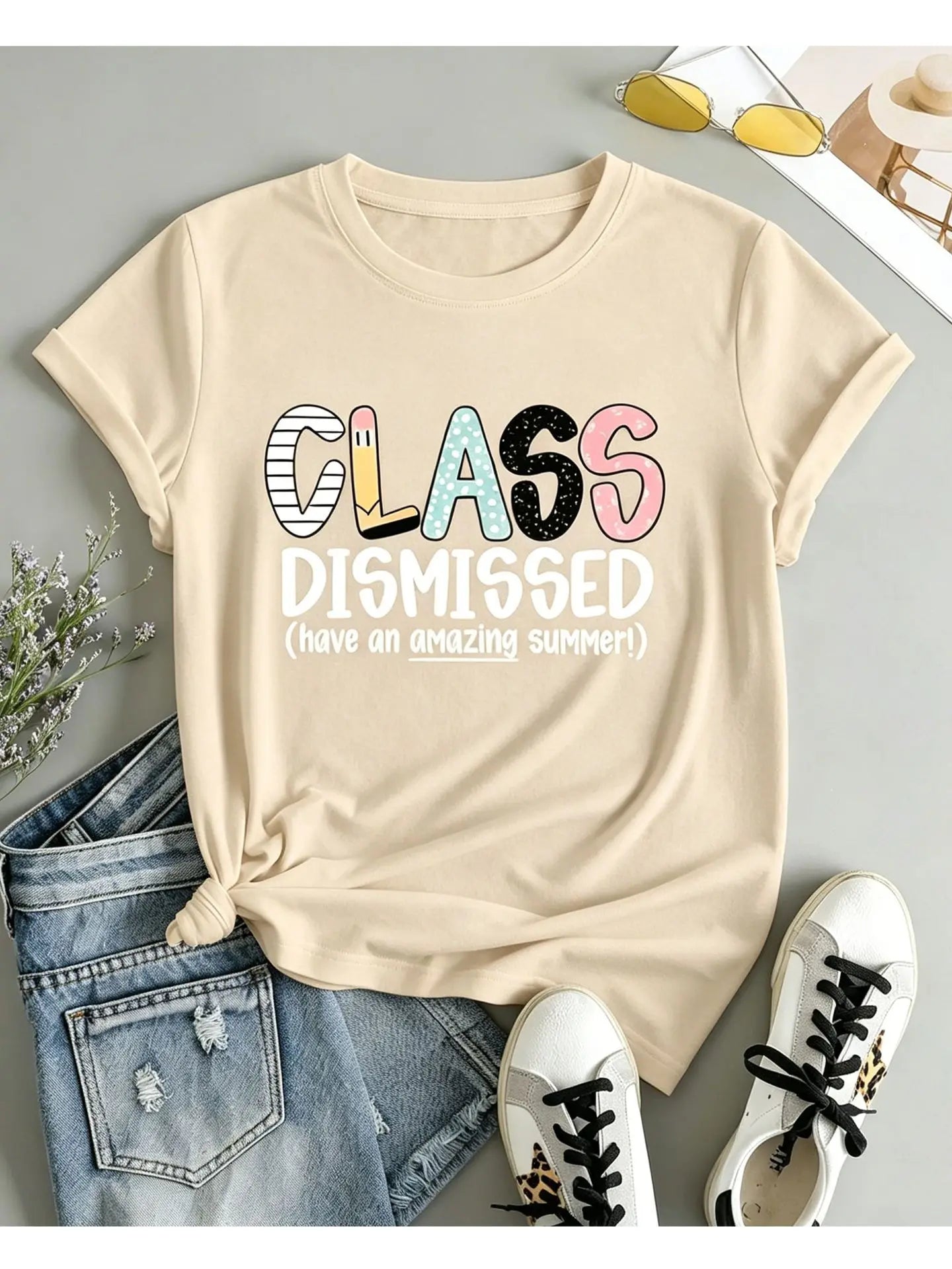 American Style Short Sleeve T-Shirt Women's Letter Print Slimming Fashionable Cross-Border Shoulder Length round Neck Top