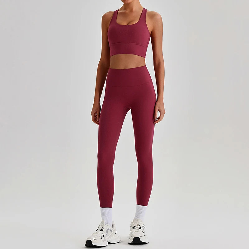 Naked Feel Yoga Set Women Fitness Sportswear 2 Piece Strappy Sports Bra High Waist Gym Leggings Workout Outfit Active Wear