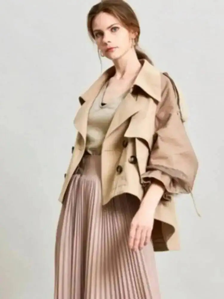 EAM Japanese Style Turn-Down Collar Double Breasted High-Low Hem Cropped Trench Coat Women's Jacket 2026 Autumn New