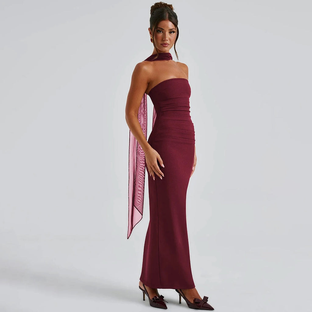 Hugcitar Elegant Scarf Strapless Solid Mesh Gloves Sexy Bodycon Maxi Prom Dress Women Fashion Y2K Outfits Wedding Party Birthday