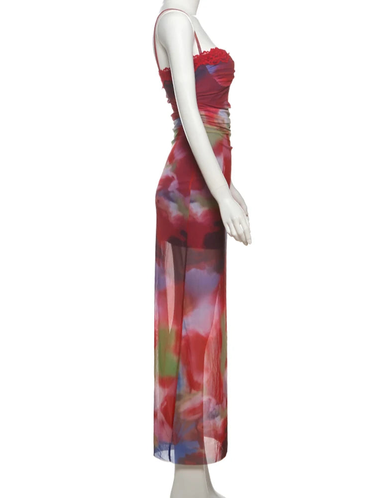 Weird Puss Colorful Print Maxi Dress Patchwork Lace Mesh Low-Neck Sleeveless Backless Summer Trend Vacation Clubwear Vestidos