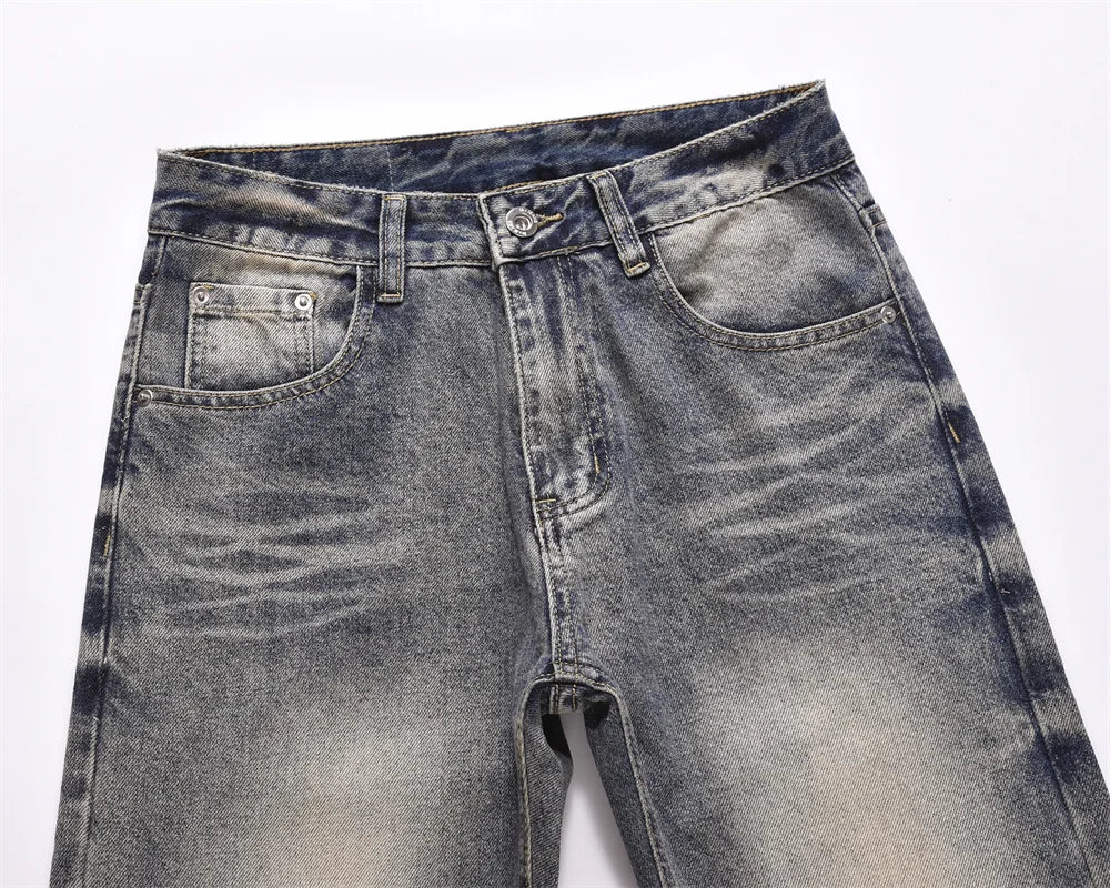 Washed Distressed Blue Denim Pants Mens Autumn Winter Casual Streetwear Straight-leg Jeans Men