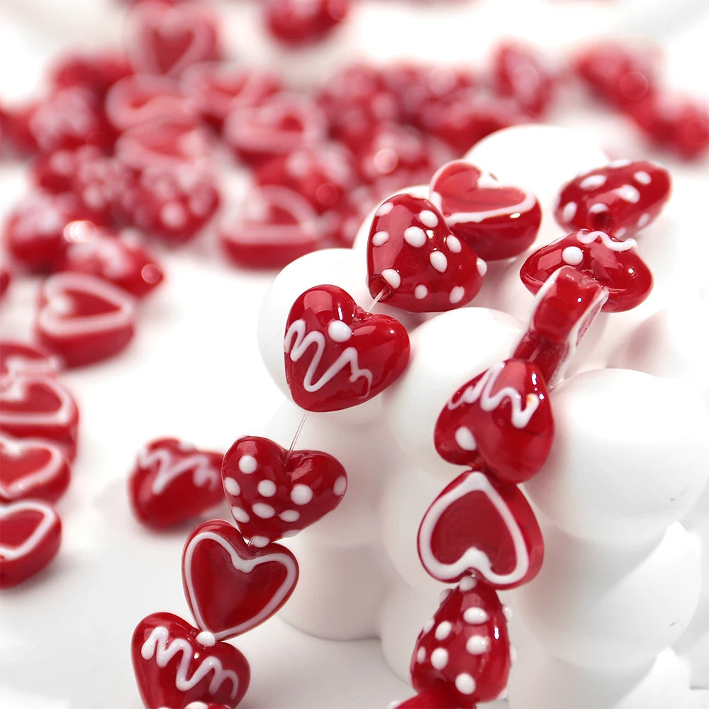 5Pcs Red Heart Lampwork Glass Beads Charm Dot Love Peach Loose Bead for DIY Craft Jewelry Making Necklace Bracelet Accessories