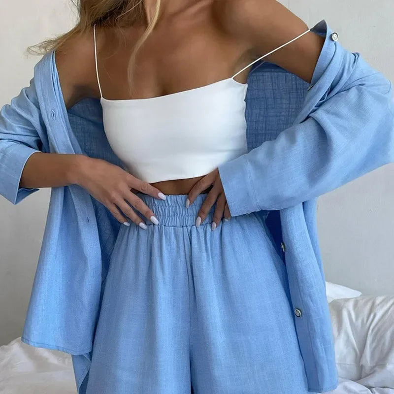 Summer Two Piece Set Women Shorts Suit Green Lapel Long Sleeve Shirts Sets Female Elegant Casual High Waist Pants Lady Outfits