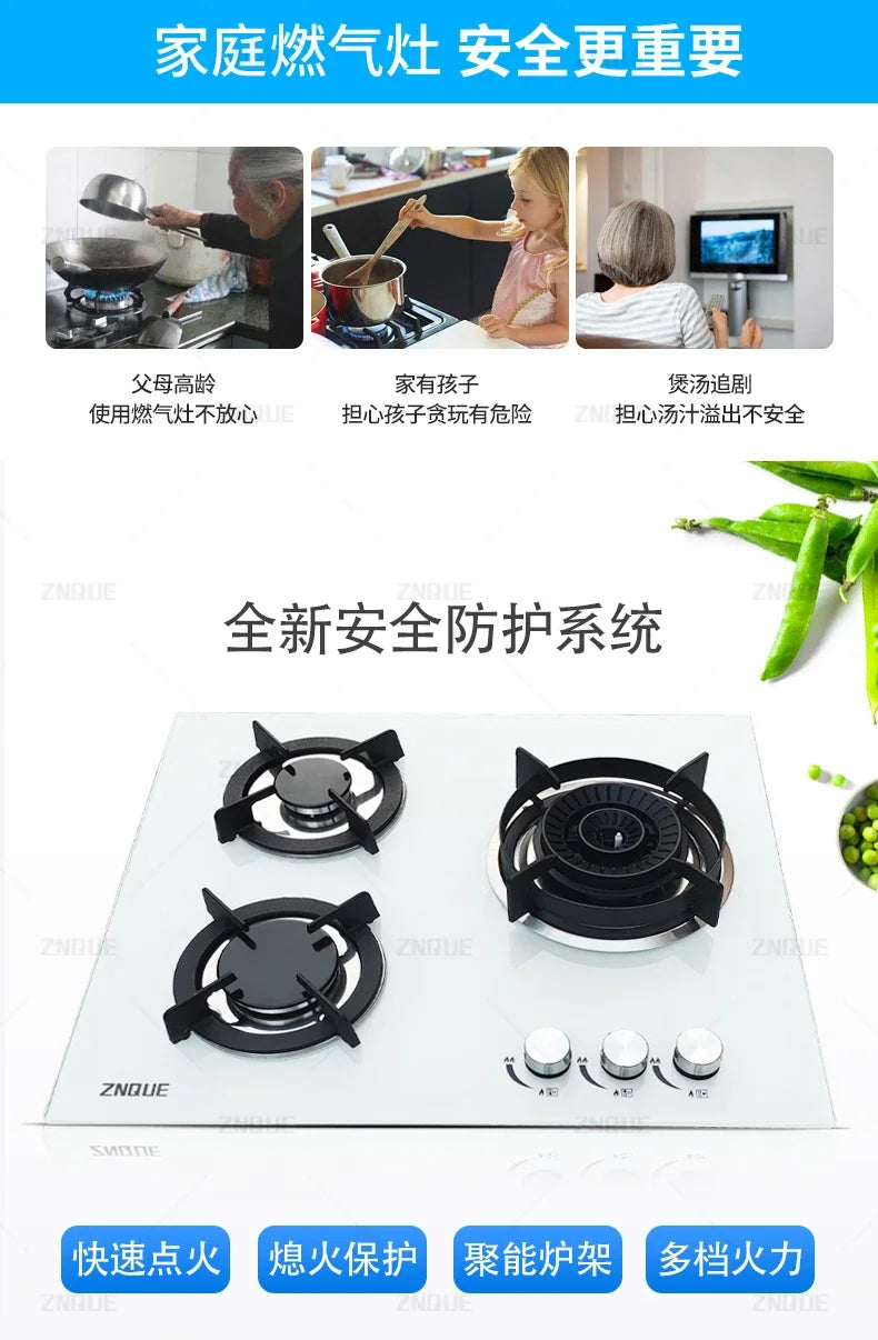 3-Burner Stainless Steel Gas Hob European Style Built-in Natural Gas Kitchen Stove